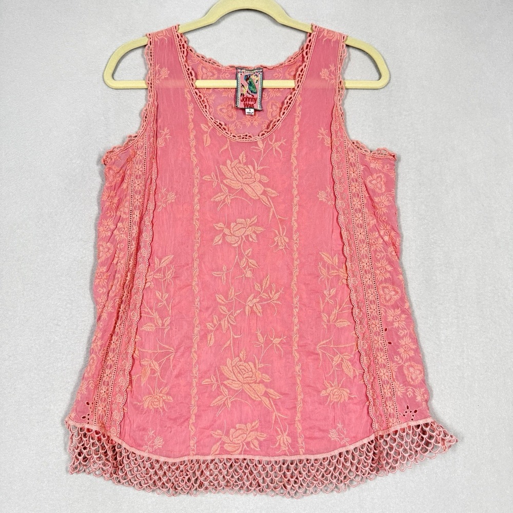 Johnny‎ Was Top Womens Small Quynn Embroidered Floral Eyelet Crochet Tank Pink